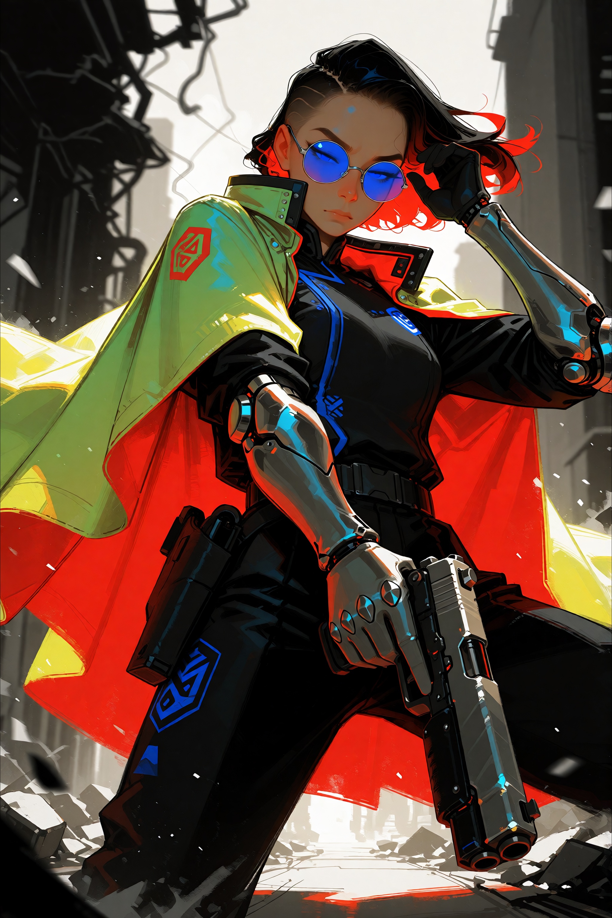 A cyberpunk figure in a flowing bright greenish-yellow cape with red lining,  sleek black military uniform with blue detai...