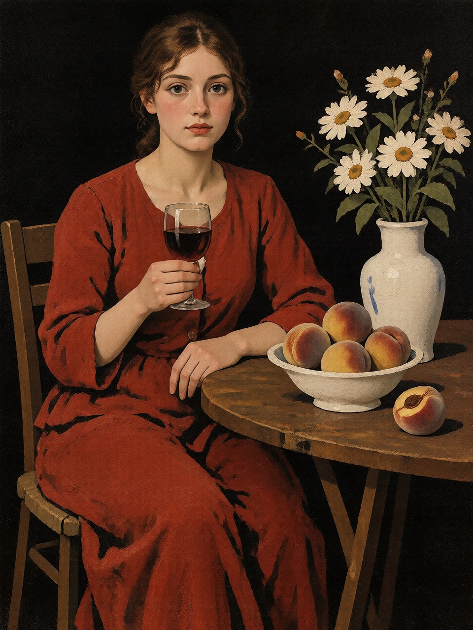 A young woman in a brilliant crimson dress seated at a small round table,  holding a glass of red wine. A bowl of ripe pea...
