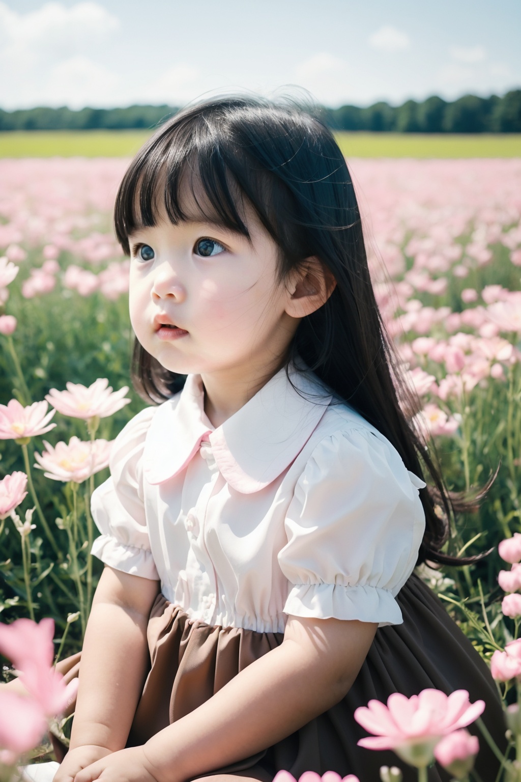 Camera film style,A young child,with dark hair and wearing a brown dress with a white collar,sits amidst a vast field of pink and white flowers under a clear blue sky. The child seems engrossed in observing a flower close to their face,evoking a sense of wonder and innocence,, masterpiece,best quality,