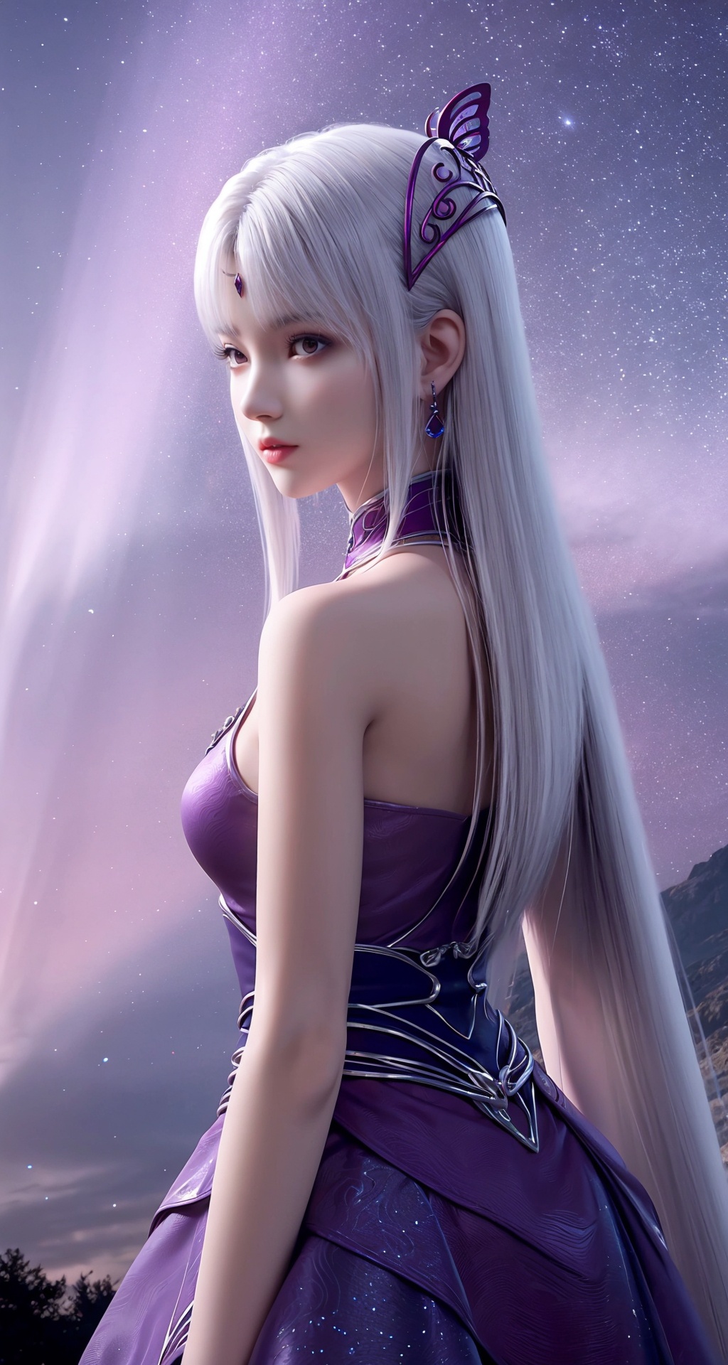 1girl,solo,hair ornament,long hair,white hair,looking at viewer,realistic,closed mouth,expressionless,jewelry,earrings,(butterfly hair ornament:0.8),bangs,collar,star,((sky)),scenery,starry sky,outdoors,night,aurora,night sky,milky way,blue theme,<lora:小医仙:0.7>,purple_dress,long_legs,rock,full_shot,