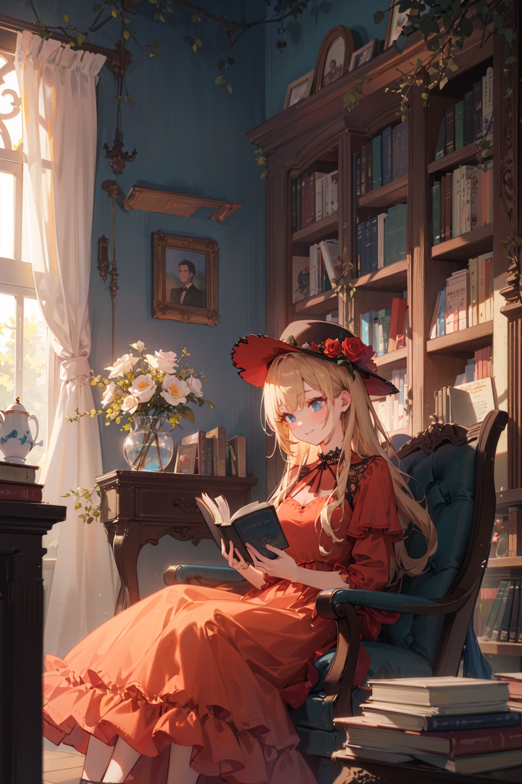 masterpiece, best quality, ultra detailed,1girl,blonde hair, skyblue eyes, layered red maxi dress, Ball Gown, gothic hat, sitting, reading book,indoors, library, books, flower, glass vase, teacup, relaxed, light smile, looking away, sunlight, sun,(ray tracing),(ray tracing, reflection light),