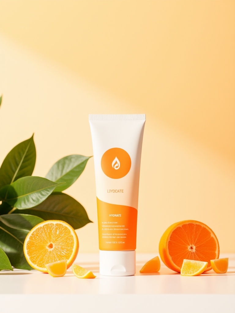 miluo_bzqx, This is a photograph featuring a minimalist, stylish arrangement of beauty products and fresh fruits against a warm, gradient background. The background transitions from a light yellow at the top to a soft orange at the bottom, creating a soothing, inviting ambiance. Central to the image is a white tube of skincare product with a round orange label and the word "HYDRATE" printed in elegant white letters. The label also includes a small, stylized orange and white logo.To the left of the tube, there is a lush green leafy plant with broad leaves, adding a touch of natural beauty. Surrounding the skincare tube are various citrus fruits, including a halved orange placed in the bottom left corner, a whole orange to the right of the tube, and another halved orange positioned behind the tube, slightly to the right. Scattered around are small orange slices, enhancing the fresh, citrusy theme.The arrangement is set on a clean, white surface that contrasts with the warm colors of the background and products. The overall aesthetic is clean and modern, emphasizing the natural and refreshing qualities of the products. The photograph captures a sense of elegance and simplicity, making it visually appealing and easy to understand.<lora:miluo丨包装设计-小清新-flux-1.3:1>