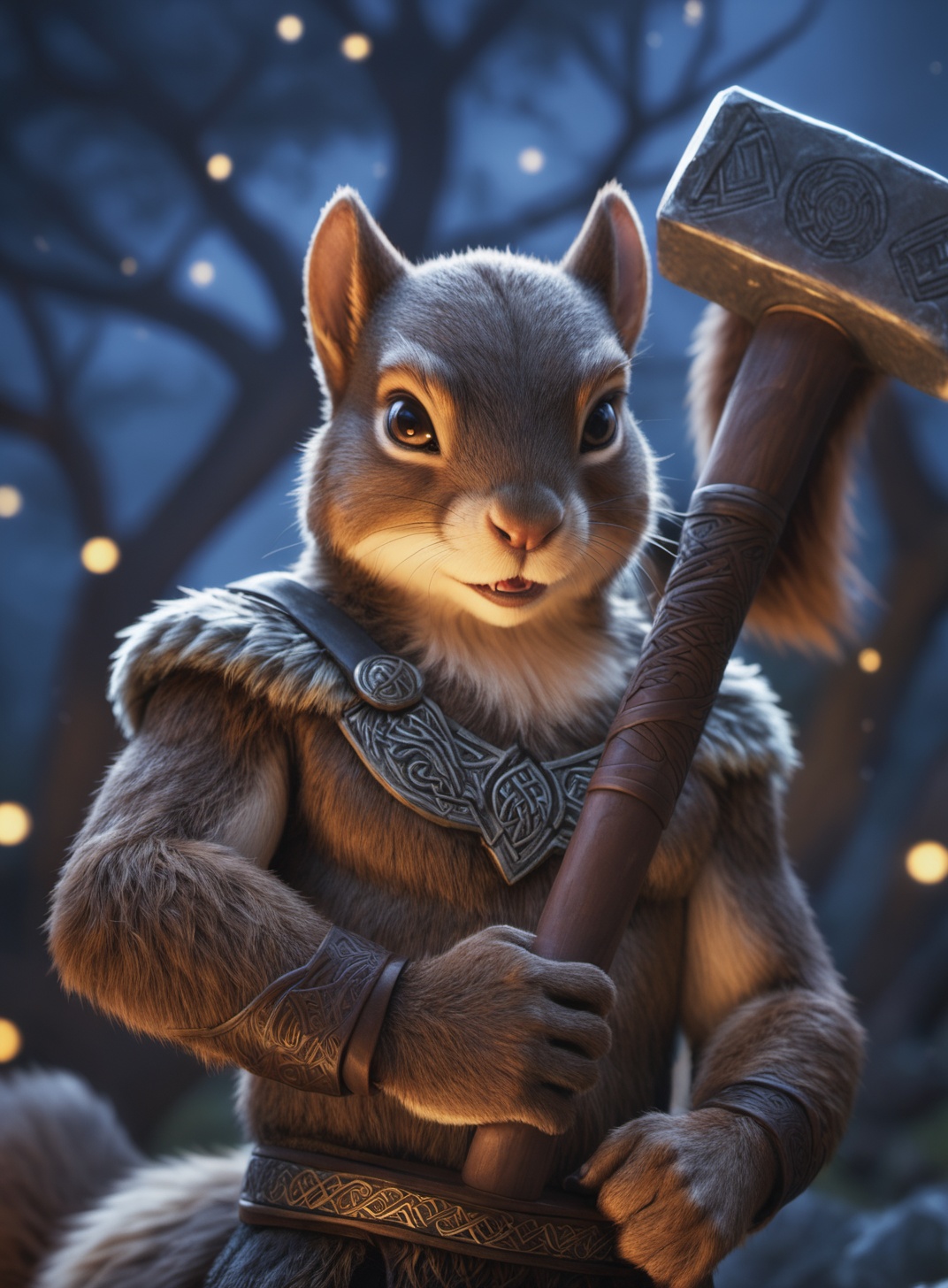 Closeup photo of an anthro thor viking squirrel ,  holding the mjolnir hammer with glowing runes,  yggdrasil treein backgr...