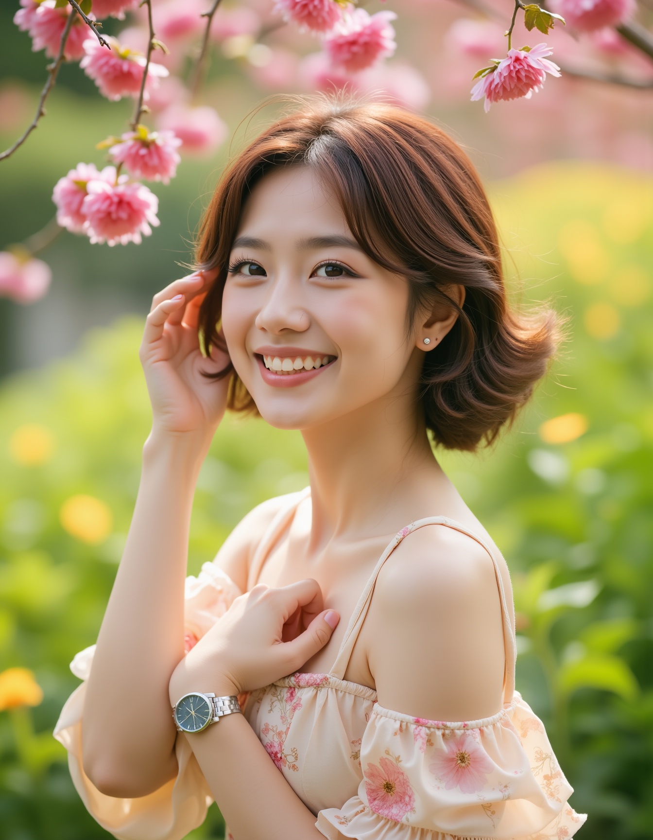 A high-quality photograph of a young woman standing in a vibrant garden,  smiling brightly. She has short,  wavy brown hai...
