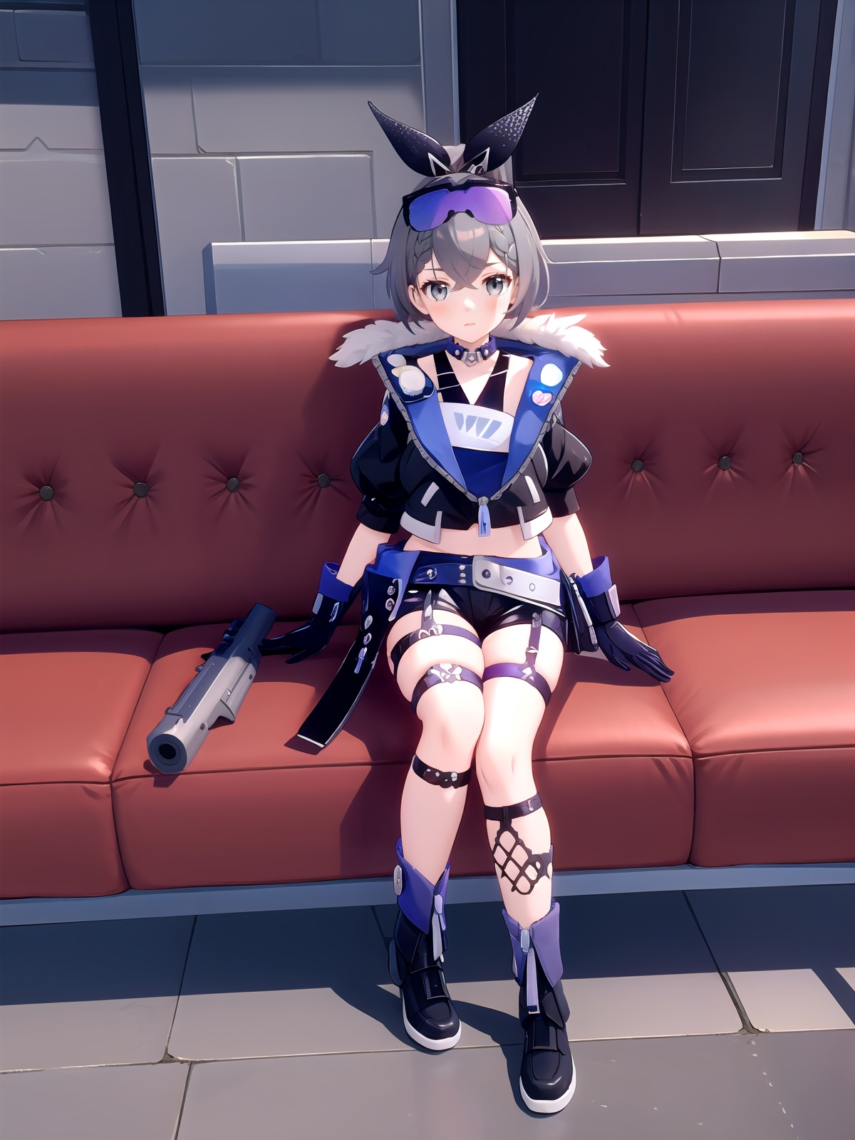 1girl,solo,<lora:[角色]-[银狼-星穹铁道]Sv4-06:1>,SilverWolfV4,looking at viewer,gloves,jacket,full body,weapon,shorts,black gloves,chibi,black jacket,gun,drill hair,black shorts,crossed legs,holding gun,bullpup,, (best quality),((masterpiece)),