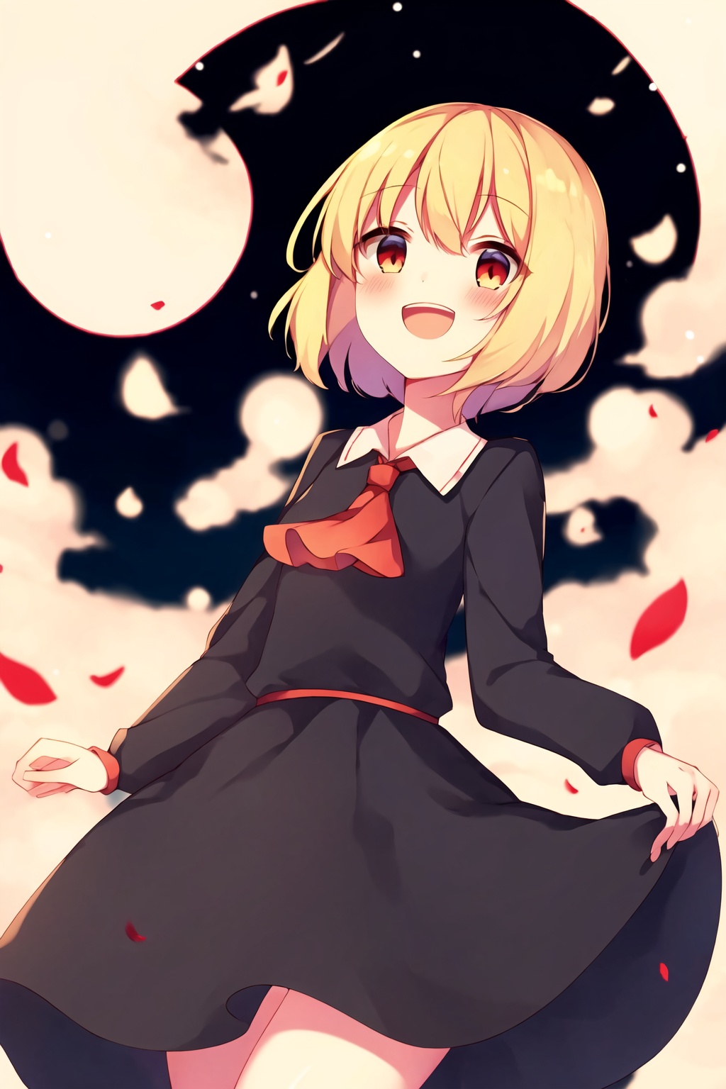 1girl, rumia, solo, open mouth, blonde hair, red eyes, night, smile, moon, ascot, short hair, looking at viewer, red ascot, ribbon, sky, hair ribbon, full moon, dress, shirt, long sleeves, star \(sky\), night sky, :d, white shirt, red ribbon, starry sky, blush, petticoat, petals, holding, black dress, bangs, frills, lantern, hair between eyes, outdoors, skirt, standing, feet out of frame, clothes lift