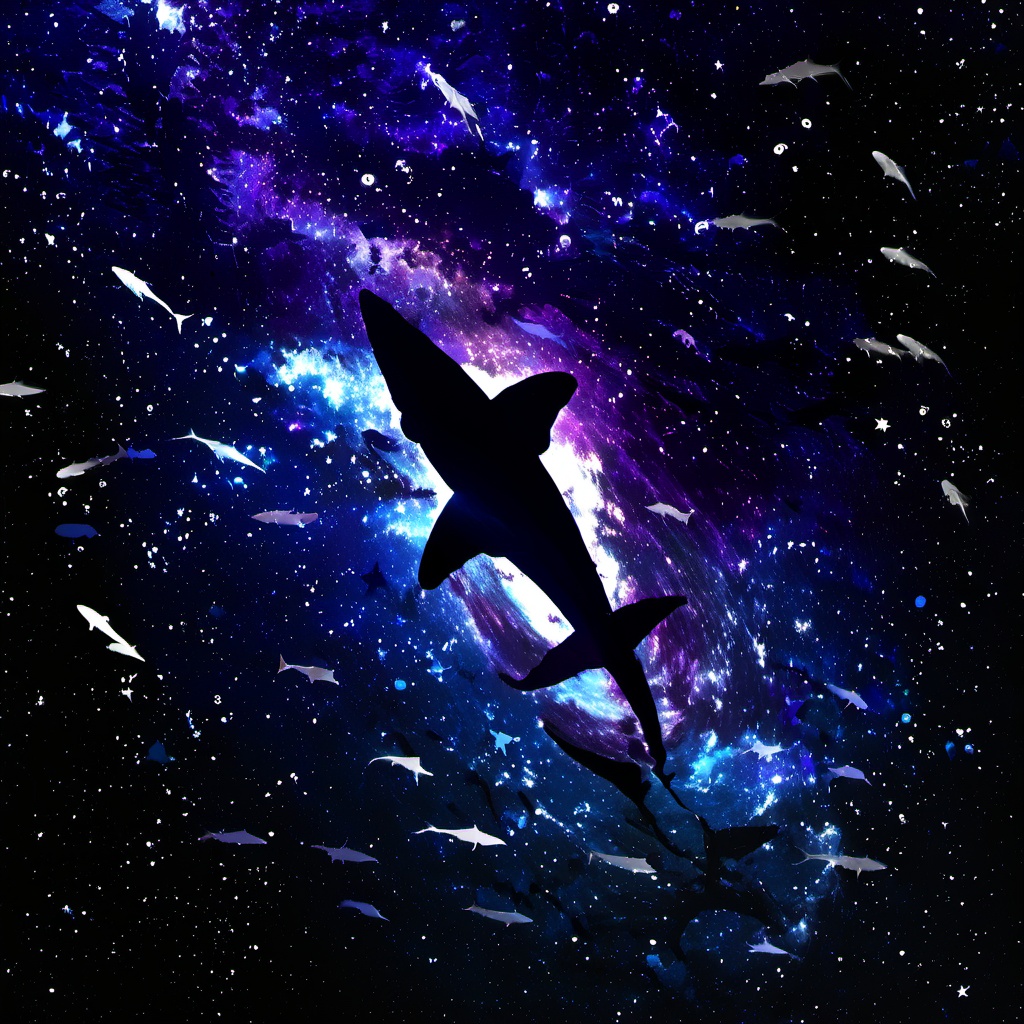 <lora:star_xl_v2:1>,a space scene with a large group of birds flying through the sky and a lot of stars in the background, solo, monochrome, sky, no humans, night, star \(sky\), scenery, starry sky, fish, blue theme, silhouette, 1girl, moon, night sky, space, pillar, The image showcases a mesmerizing cosmic scene where a silhouette of a shark is swimming amidst a vast expanse of space. The backdrop is a vibrant blend of deep blues, purples, and hints of white, reminiscent of a galaxy or nebula. The shark, with its elongated body and tail, appears to be swimming upwards, with its silhouette contrasting sharply against the luminescent cosmic backdrop. The image evokes a sense of wonder, mystery, and the vastness of the universe., shark, cosmic scene, vast expanse of space, galaxy or nebula, elongated body, tail, luminescent, wonder, universe