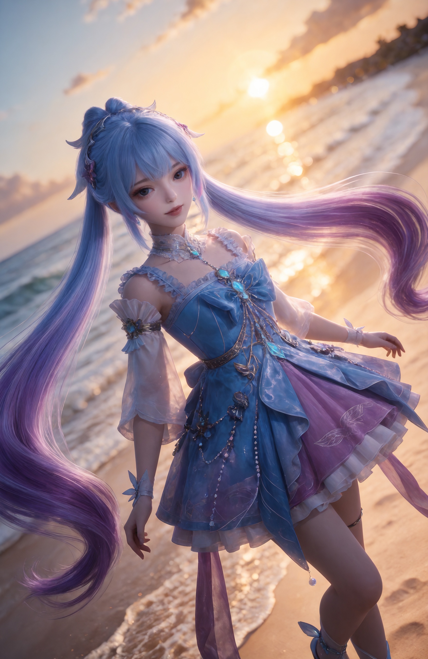 <lora:斗罗大陆2-唐舞桐少IL:0.8> 1girl,  twintails, long hair, blue hair, black eyes,hair ornament,multicolored hair, gradient hair, blue dress, detached sleeves, high heels, realistic style photo,outstanding style,Use soft lighting to cast gentle shadows on the subject,adding a touch of dimension to your images without compromising details,whirls of vapor,(Anime:1.1),soft neon light,ethereal ambiance,delicate details,magical atmosphere,concept art,highly detailed,ultra-high resolution,32K UHD,sharp focus,best-quality,masterpiece,golden hour,unconventional supreme masterpiece,masterful details,temperate atmosphere,with a high-end texture,in the style of fashion photography,magazine style,Dynamic Angle,Dynamic posture,magazine style,Dynamic Angle,Dynamic posture,(cowboy_shot:1.2),eye trail,depth of field,cinematic lighting,lens flare,close-up,extreme aesthetic,(wlop:0.6),(honjou raita,lack,rella,wanke:0.5),masterpiece,best quality,good quality,newest,year 2025,very aesthetic,absurdres,Visual impact,A shot with tension,ultra-high resolution,32K UHD,sharp focus,best-quality,masterpiece,Emotionalization,unconventional supreme masterpiece,masterful details,temperate atmosphere,with a high-end texture,in the style of fashion photography,(Visual impact:1.2),giving the poster a dynamic and visually striking appearance,, standing,Seaside,beach,waves,full body,