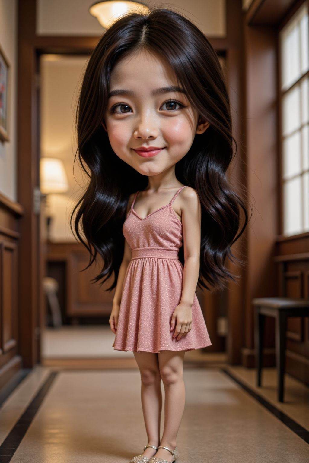 HDR photo of cinematic film still the image is a high-resolution photograph featuring a woman,solo,looking at viewer,smile,black long hair,standing,full body,dress,footwear,indoors,realistic,chibi,