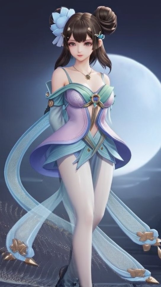 (1girl),smooth chin,masterpiece,detailed face,((hair ornament)),top quality,4k,make up,best quality,medium breasts,(looking at viewer),long legs,double bun,jewelry hair,dress,detached sleeves,ribbon,shawl,light blue skirt,puffy pants,hair rings,hair flower,(wariza),(arms behind back),bangs,jewelry on bangs,<lora:王者小乔青蛇SD_v1.0:0.6>,
