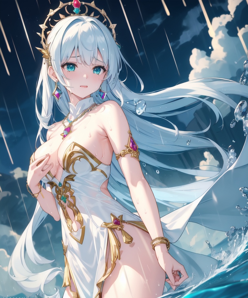 <lora:457-DA-天启姬:0.8> ,(,1girl, ,best quality, ),looking at viewer, ,ultra detailed 8k cg, ultra detailed background, ultra realistic 8k cg,  ,masterpiece((((1girl, solo,  , ,solo focus, wet,sweat, ocean,rain, water drop, )))) (, , sweatdrop, flying sweatdrops, sweating profusely,colorful drop \(module\), )   clean, masterpiece,     cinematic lighting, cinematic bloom,   , unreal, science fiction, luxury, jewelry, diamond, gold, pearl, gem, sapphire, ruby, emerald, intricate detail, delicate pattern, charming, alluring, seductive, erotic, enchanting, hair ornament, necklace, earrings, bracelet, armlet,halo,