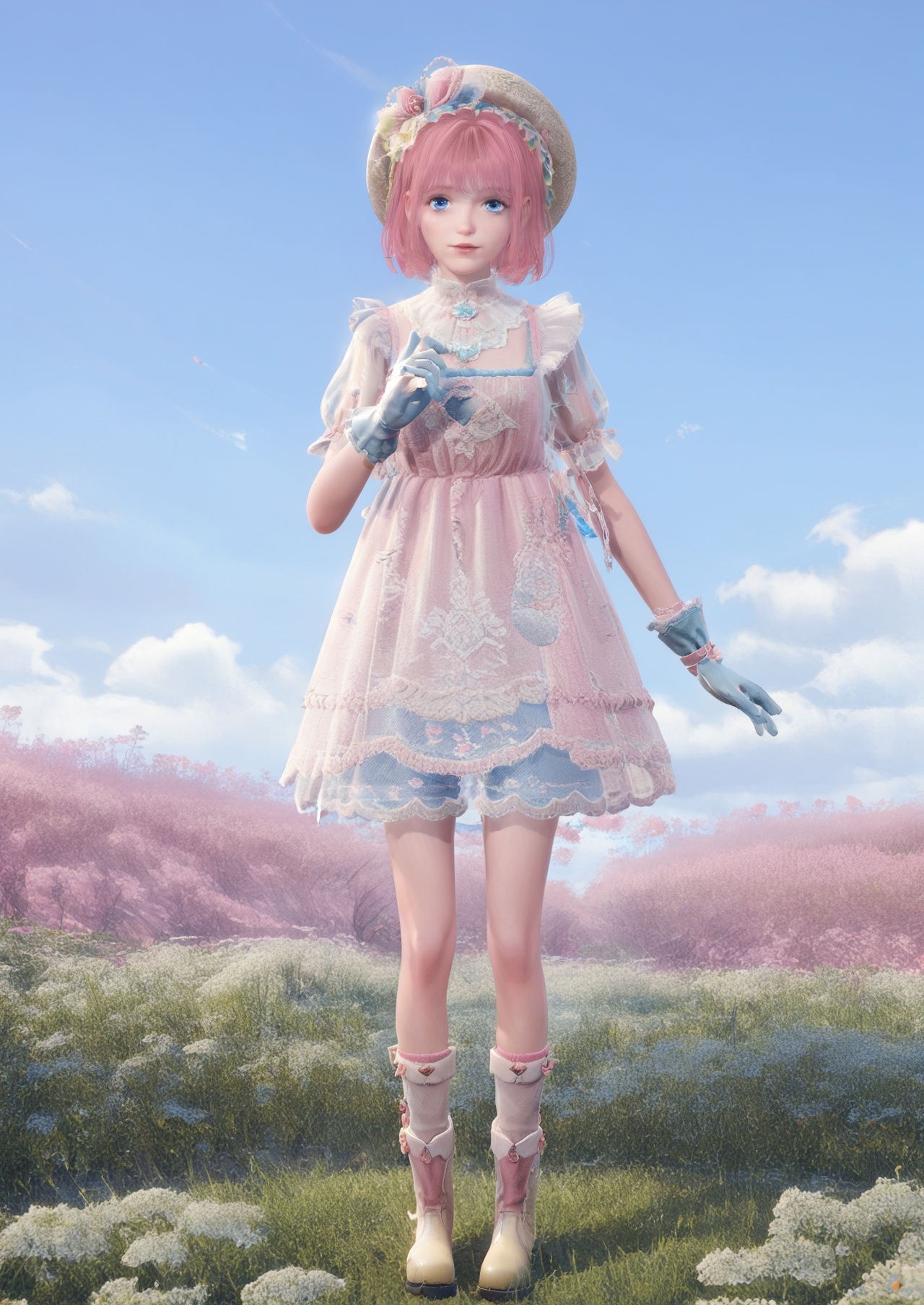 score_10,score_9,score_8_up,score_7_up,1girl,<lora:NikkiHCBB_PonyV1-000004:0.5>,NikkiHCBB,solo,gloves,dress,hat,boots,see-through,blue eyes,short hair,pink hair,in summer,day,nature,flower field,outdoors,sky,Cirrocumulus,looking at viewer,