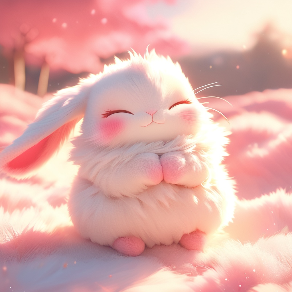 maotu, rabbit, rabbit focus, soft lighting, white fur, whimsy and dramatic lighting, warm colors, mf-movie-filter, cc-color-correction, cute, whiskers, :3, ^ ^, light particles, sunlight, no humans, closed eyes, solo, blush, blurry, fluffy, blurry background, outdoors, full body, facing viewer, own hands together, closed mouth, sitting, day,<lora:maotu_xl_v1:0.8>,