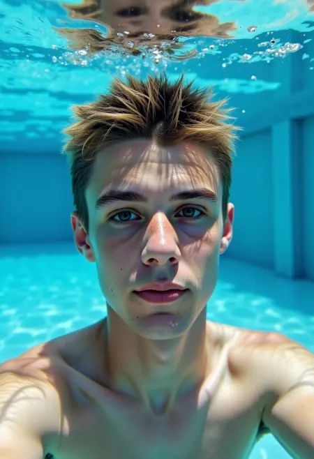 a young man,  in pool under water ,  bubles on Tensor.Art