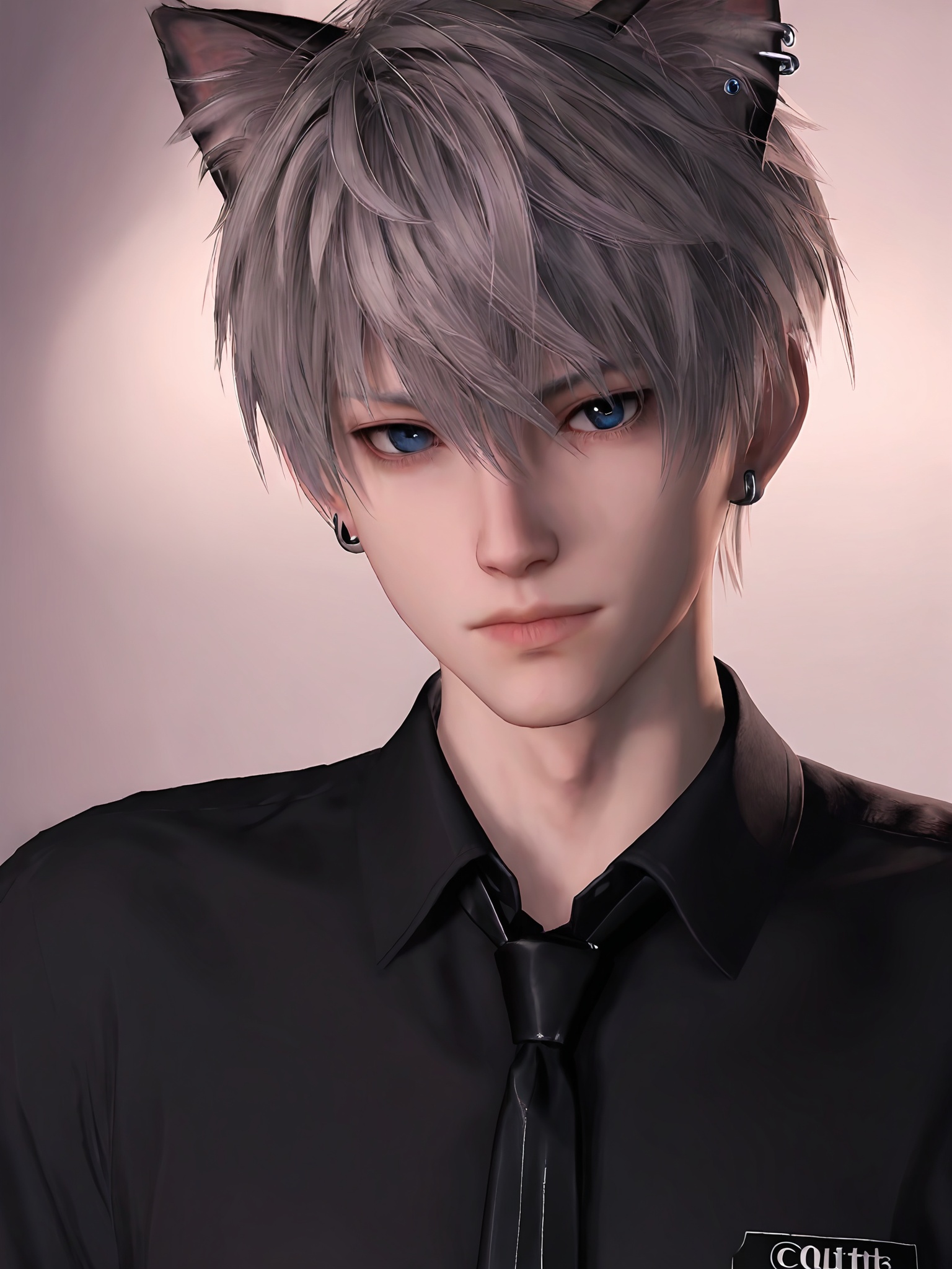 animal ears,1boy,male focus,solo,looking at viewer,necktie,shirt,earrings,cat ears,jewelry,blue eyes,collared shirt,bangs,closed mouth,ear piercing,hair between eyes,short hair,black necktie,artist name,black shirt,grey hair,piercing,upper body,lips,white hair,cowboy_shot,<lora:3.9沈星回:0.7>,, score_9,score_8_up,score_7_up,source_anime,