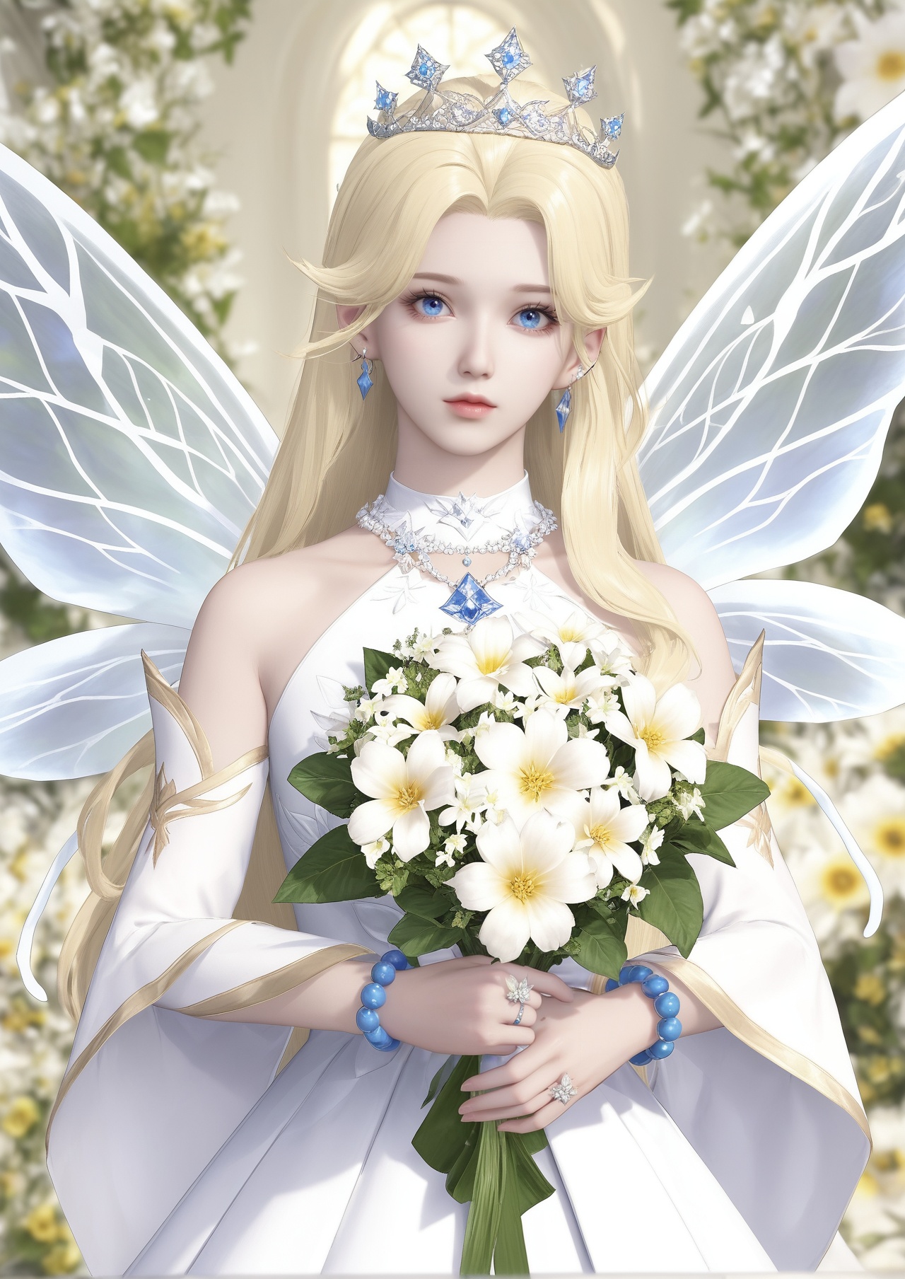 score_10,score_9,score_8_up,score_7_up,1girl,jewelry,solo,flower,blurry background,wings,blurry,dress,holding,blue eyes,bouquet,ring,long hair,earrings,detached sleeves,white dress,looking at viewer,holding flower,blonde hair,necklace,bare shoulders,holding bouquet,bracelet,fairy wings,hair ornament,tiara,white flower,beads,fairy,depth of field,
