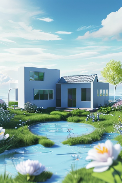 pd_3dcaodi,spring,nature,no humans,outdoor,blue sky,white clouds,green lawn,blue water,<lora:PD_3Dcaodi_V1-000014:0.7>,
