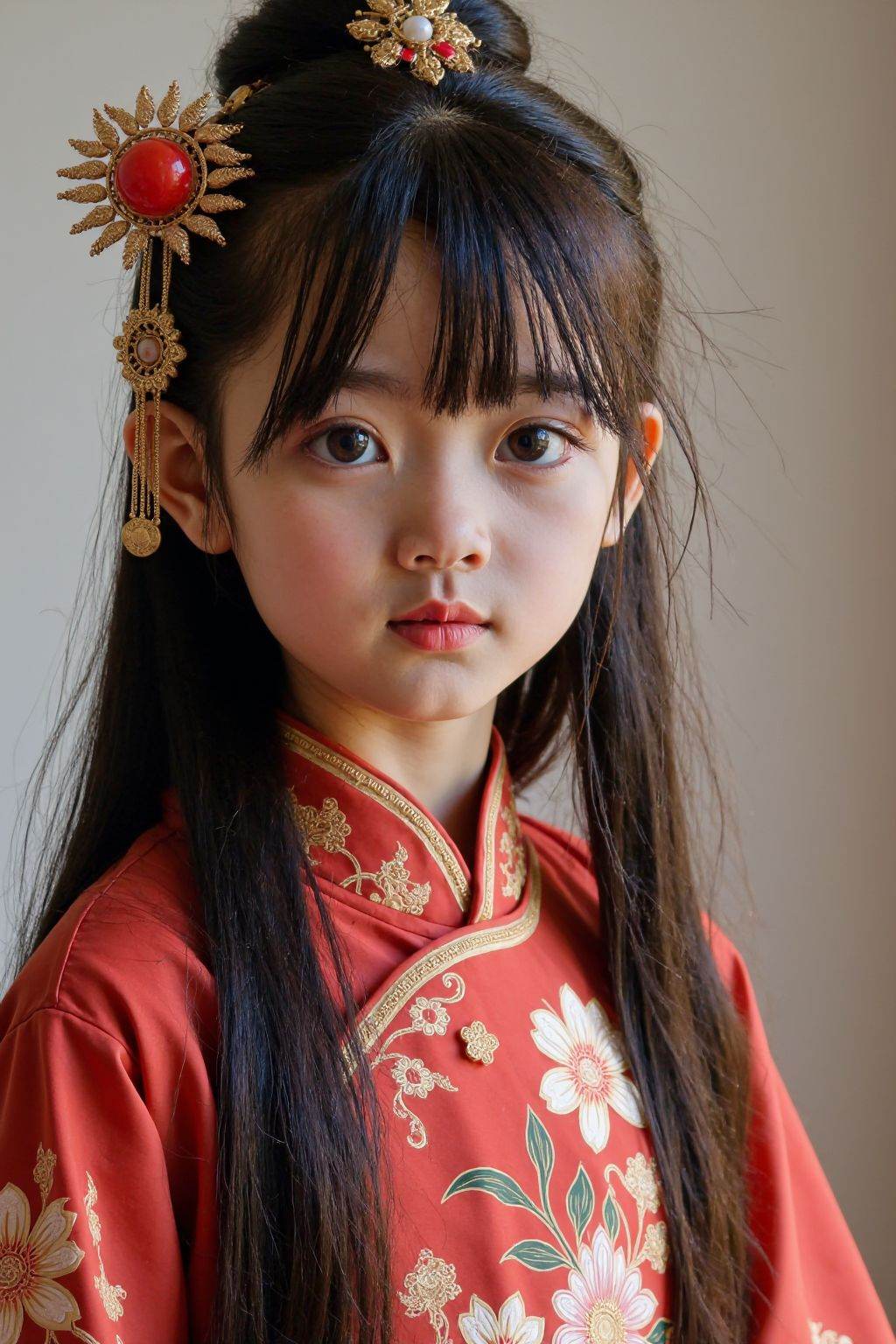 The image is a high-resolution photograph featuring a young girl, solo, hair ornament, long hair, chinese dress, upper body, black hair, looking at viewer,