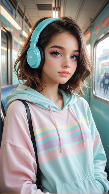 score_9, score_8_up, score_7_up, nsfw,stylized anime girl wearing one headphones, subway background with soft blur, casual pastel hoodie, natural light reflections on skin, glossy eyes with subtle makeup, realism-inspired style, calm urban mood, high detail