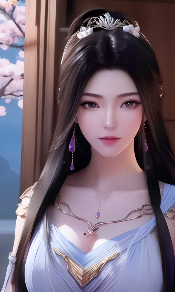 (,1girl, ,best quality, ),looking at viewer, <lora:395-DA-凡人修仙传-紫灵:0.8> ,, ,masterpiece,(( , )),, realistic,science fiction,mole,,ultra realistic 8k cg, flawless,tamari \(flawless\),  ,cherry blossoms,,night, night sky, crescent moon, moonlight,,(facing viewer, looking at viewer, , ),  (()), (), , jewelry, necklace, solo, , , , hair_ornament, , earrings,large breasts,,  , ,