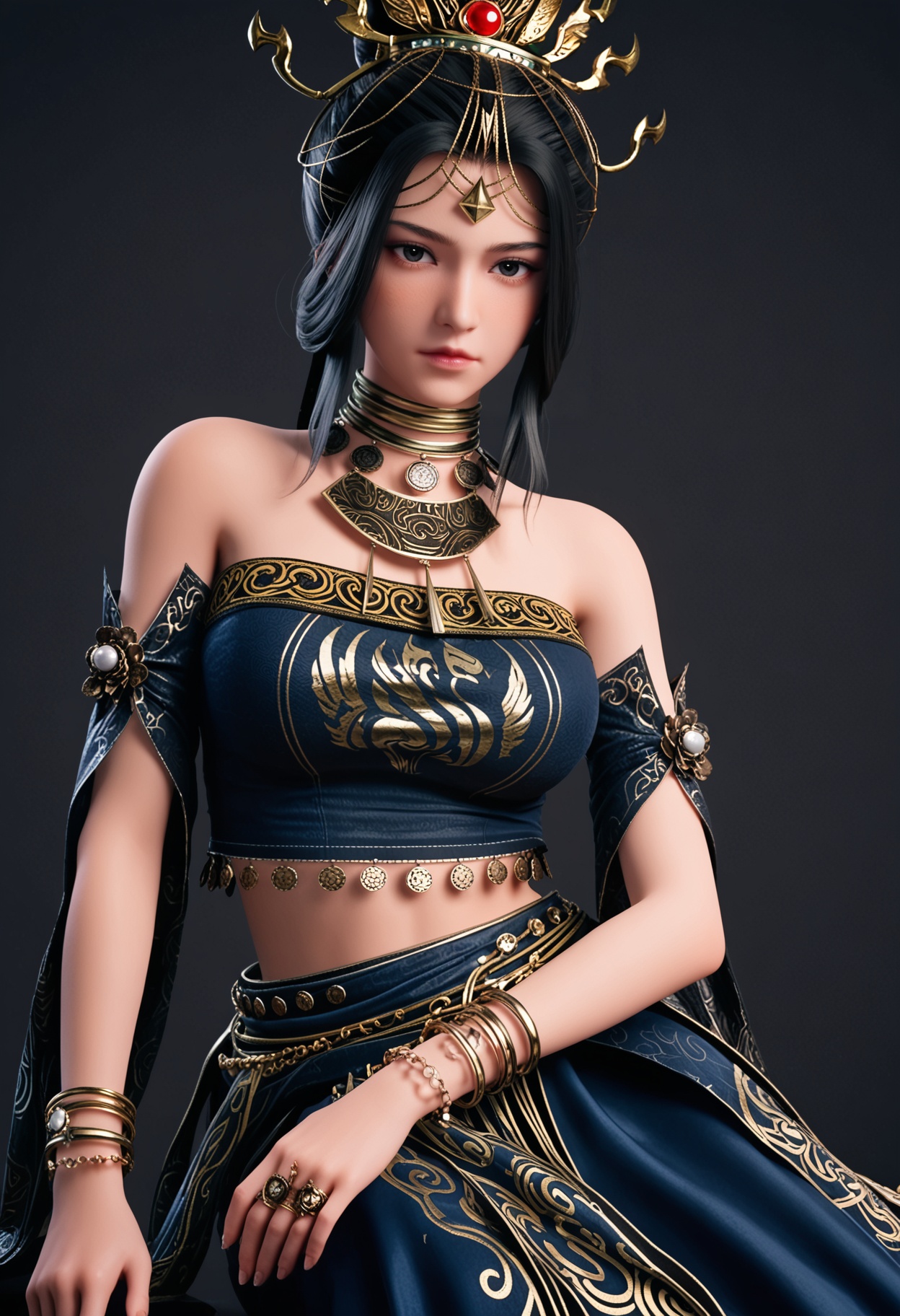 score_9,looking_at_viewer,upper body,(large breasts:0.8),1girl,solo,black hair,black eyes,jewelry,bare shoulders,hair ornament,realistic,necklace,closed mouth,lips,midriff,bracelet,hair bun,strapless,dress,long hair,tube top,skirt,high heels,(simple background,pure black background,black background:1.1),perfect_anatomy,<lora:QQSponyhfdiaochanV1:0.8>,