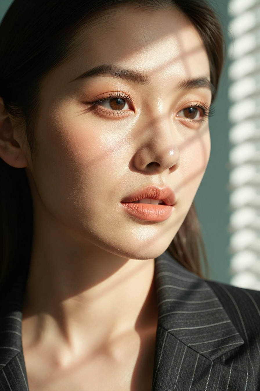 Close-up portrait of a woman illuminated by soft,  warm afternoon light streaming through window blinds,  creating strikin...
