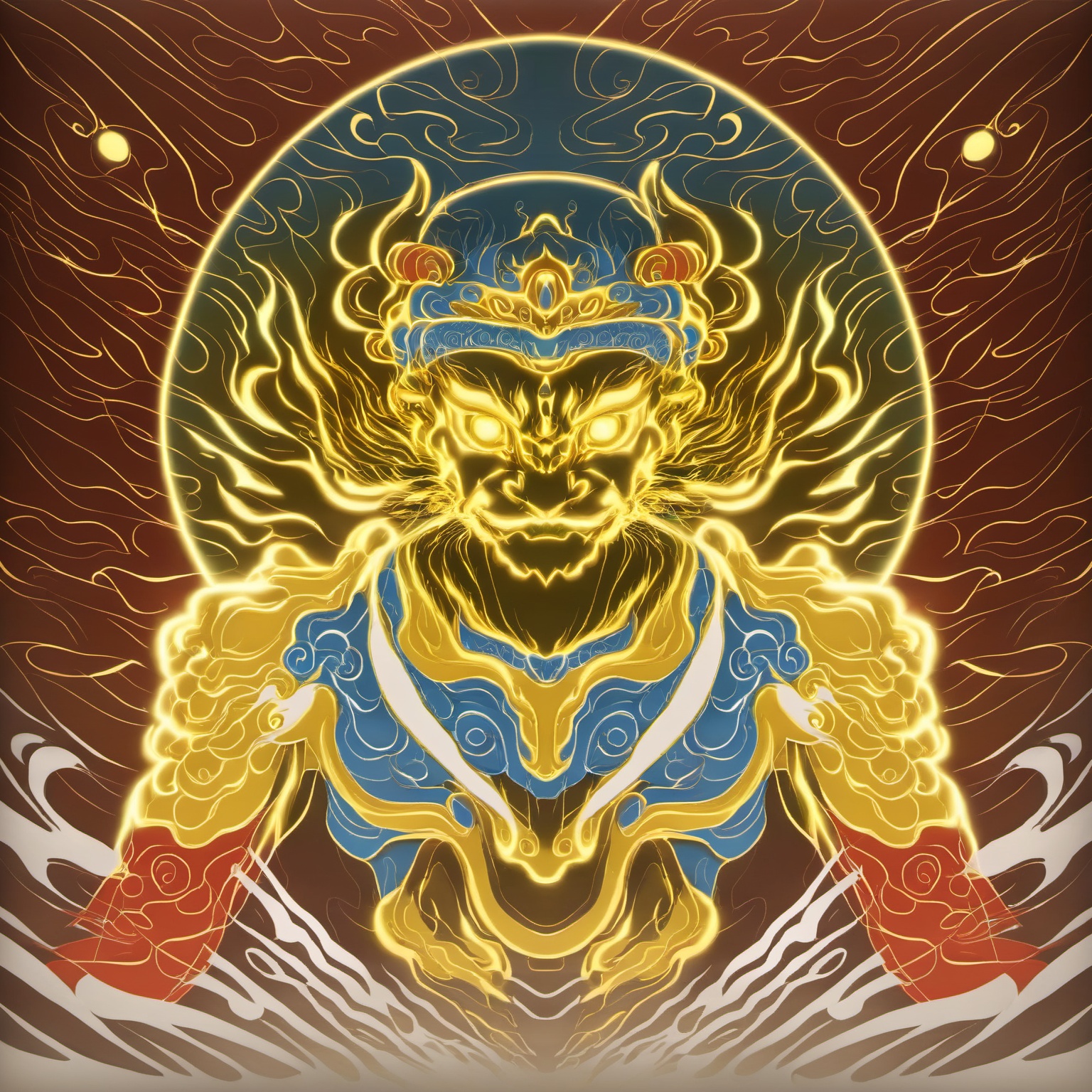 a projection of immortal,halo,<lora:eastern_mythology_xl:0.7>,golden line,tangka,mix,front view,