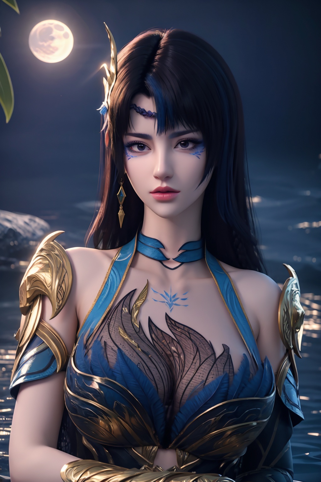 standing,flower,full_moon,moon,night,lily_pad,lotus,moonlight,water,night_sky,lily_\(flower\),sky,partially_submerged,1girl,solo,hair ornament,long hair,realistic,nail polish,photo_\(medium\),(big breasts, cleavage),makeup,(8k, RAW photo, best quality, masterpiece:1.2),(realistic, photorealistic:1.3),ultra-detailed,extremely detailed cg 8k wallpaper,(crystalstexture skin:1.2),extremely delicate and beautiful,(sexy pose:1.2),wearing edgHL,see-through,thighhighs,sexy lingerie,(big breasts:1.2),silk,thin transparent silk,torn pantyhose,red purple lingerie,facial mark,