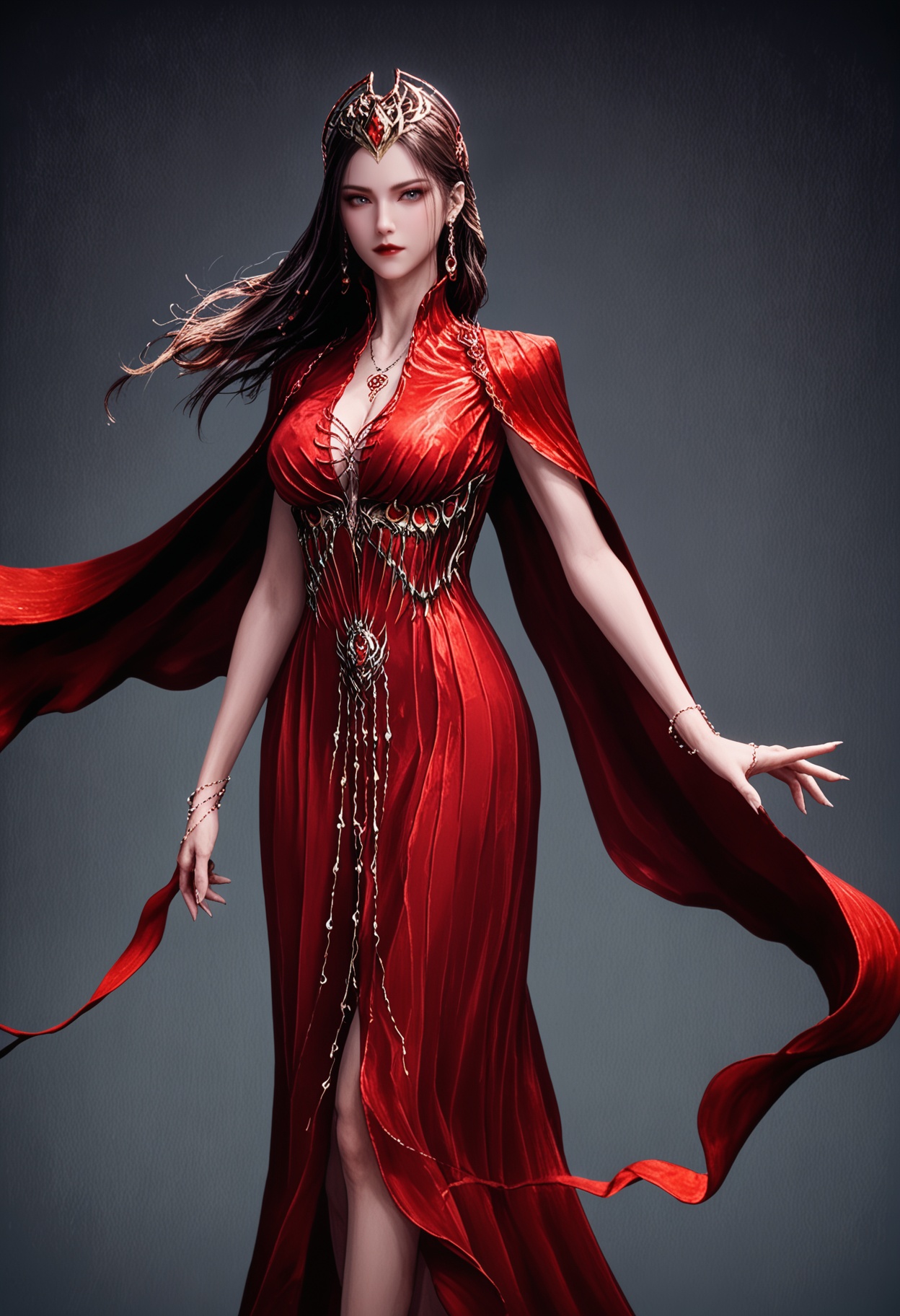 score_9,looking_at_viewer,(cowboy shot:1.1),(large breasts:0.8),yexishui,1girl,solo,long hair,jewelry,red dress,dress,brown hair,closed mouth,realistic,hair ornament,earrings,cape,grey eyes,necklace,bracelet,red lips,barefoot,(simple background,pure black background,black background:1.1),perfect_anatomy,<lora:QQSponyyexishuiV1:0.8>,