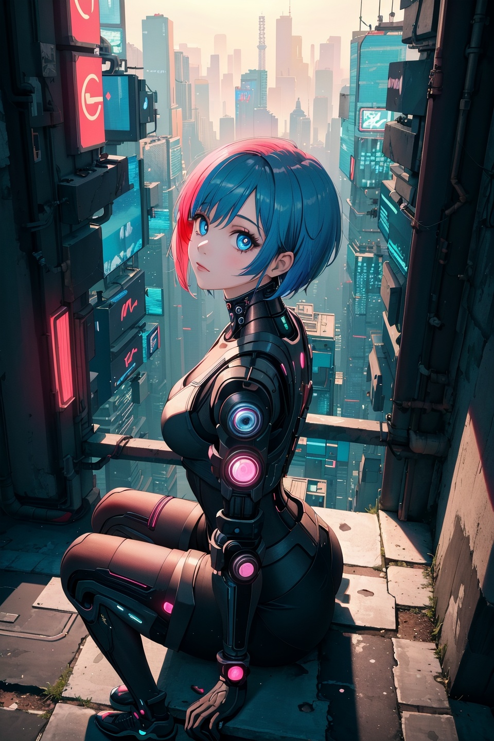 masterpiece,best quality,cyberpunk,1girl,landscape,short hair,from above,sitting,colorful,face,from side,looking at viewer,beautiful eyes