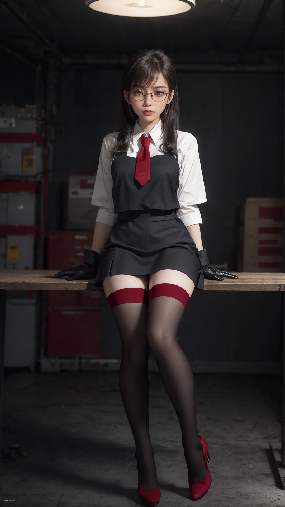 tutututu, red thighhighs, cinematic style,realistic,masterpiece,best quality,extremely detailed,absurdres resolution,High quality texture,Cinematic Lighting,1girl Sitting at the table fixing robots,robot dog,cute genius japanese school girl,red necktie, glasses,protective gloves,in a A basement full of neo pipes,welding,precision instruments,complex circuit,vacuum tube punk,high heels,<lora:OC:0.15> <lora:LowRA:0.3> <lora:tutuhb_00004:0.85>