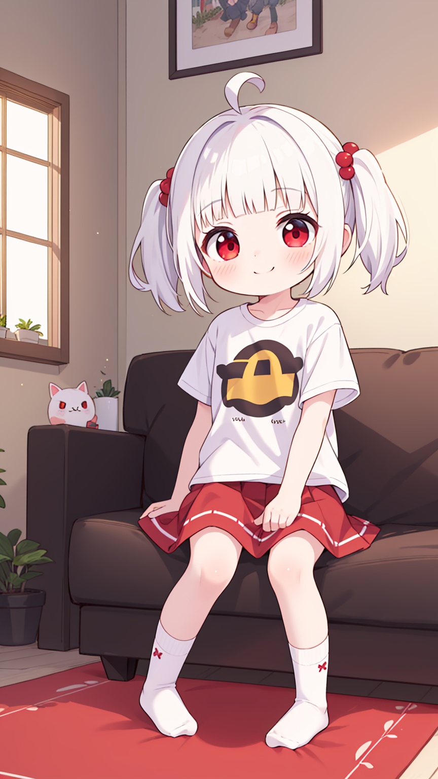 (masterpiece),(best quality),huge filesize,illustration,lens flare,indoor,1girl,little loli,(child),kawaii,short hair,white hair,ahoge,blunt bangs,short twintails,(high twintails),hair_ornaments,pale_skin,red eyes,smile,short_sleeves,casual T-shirts,microskirt,bobby_socks,mary_janes,