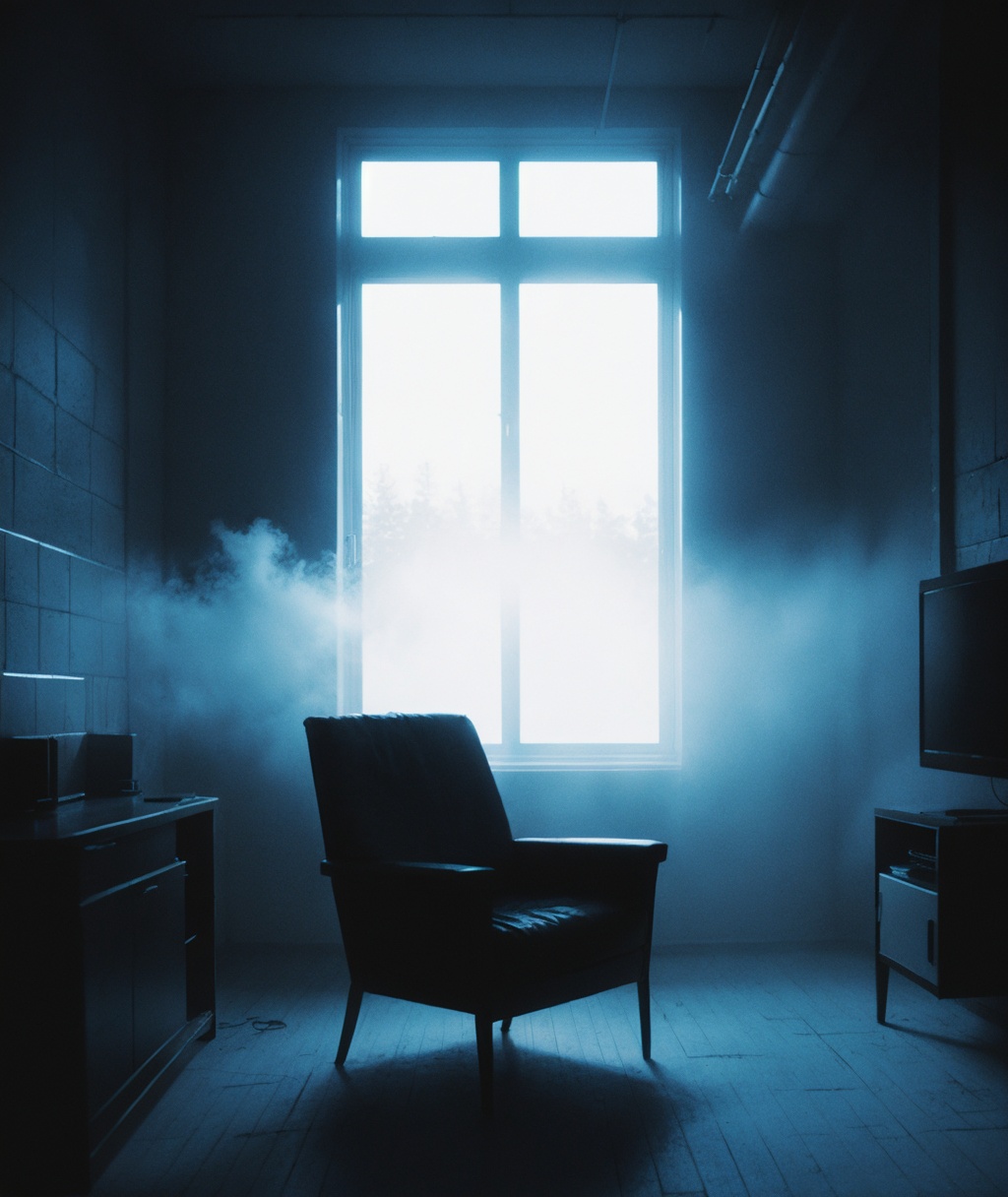 blue,light,glow,(dark),fog,cyberpunk,blue glow window,living room,chair,lonely,fantasy,<lora:lora.by_tusi:0.9>,