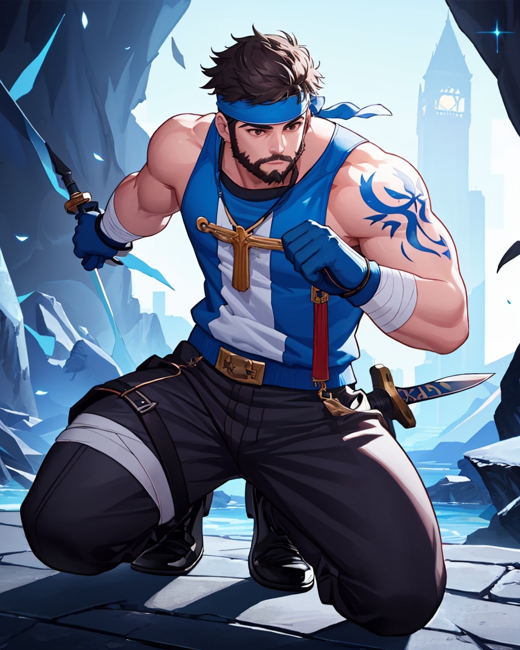 masterpiece,best quality, highly detailed, male priest (dungeon and fighter),beard, 1boy, solo, muscular male, mature male, tattoo, headband, manly, pants, biceps, bandages, one knee, sword, bara, holding, thick arms, mustache, fighting stance,<lora:male_priest_(dungeon_and_fighter):1>