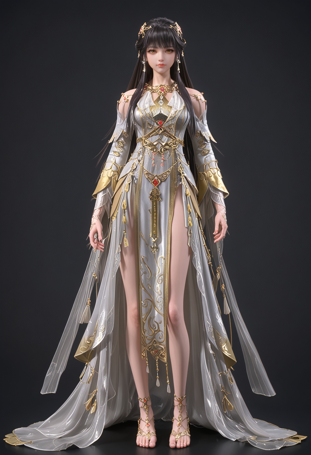(full_body:1.1),(looking at viewer:1.1),facing viewer,direct gaze,<lora:YQ_pony_baiyuerong_V4:0.8>,1girl,solo,jewelry,long hair,black hair,hair ornament,earrings,yellow eyes,dress,white dress,necklace,brown hair,blunt bangs,long sleeves,detached sleeves,tassel,brown eyes,BREAK (white skin:1.1),(fair skin:1.1),(Ivory skin:1.1),(shiny skin),perfect anatomy,(simple background,pure black background,black background:1.1),