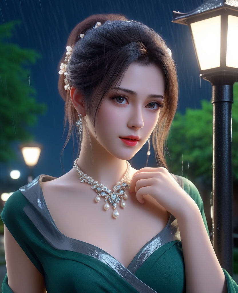 <lora:577-DA-XL-斗破苍穹-云韵-黑服:0.8>(,1girl, ,best quality, ),looking at viewer, ,ultra detailed 8k cg, ultra detailed background,  ultra realistic 8k cg,          cinematic lighting, cinematic bloom, (( , )),,  , unreal, science fiction,  luxury, jewelry, diamond, pearl, gem, sapphire, ruby, emerald, intricate detail, delicate pattern, charming, alluring, seductive, erotic, enchanting, hair ornament, necklace, earrings, bracelet, armlet,halo,masterpiece, (( , )),,  ,cherry blossoms,(((, night,night sky,lamppost,  ultra high res, (photorealistic:1.4), raw photo, 1girl, , rain, sweat, ,wet, )))(( , ))   (cleavage), (),