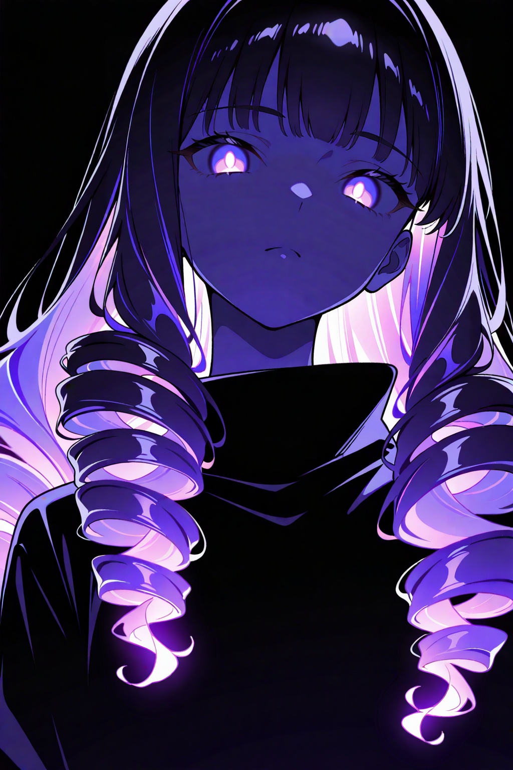 1girl,general,solo,upper body,glowing,drill hair,bangs,glowing hair,looking at viewer,glowing eyes,purple eyes,purple theme,monochrome,black background,simple background,best quality,very awa,highres,newest,<lora:ponyv6_noobV1_2_adamW-000017:0.8>,