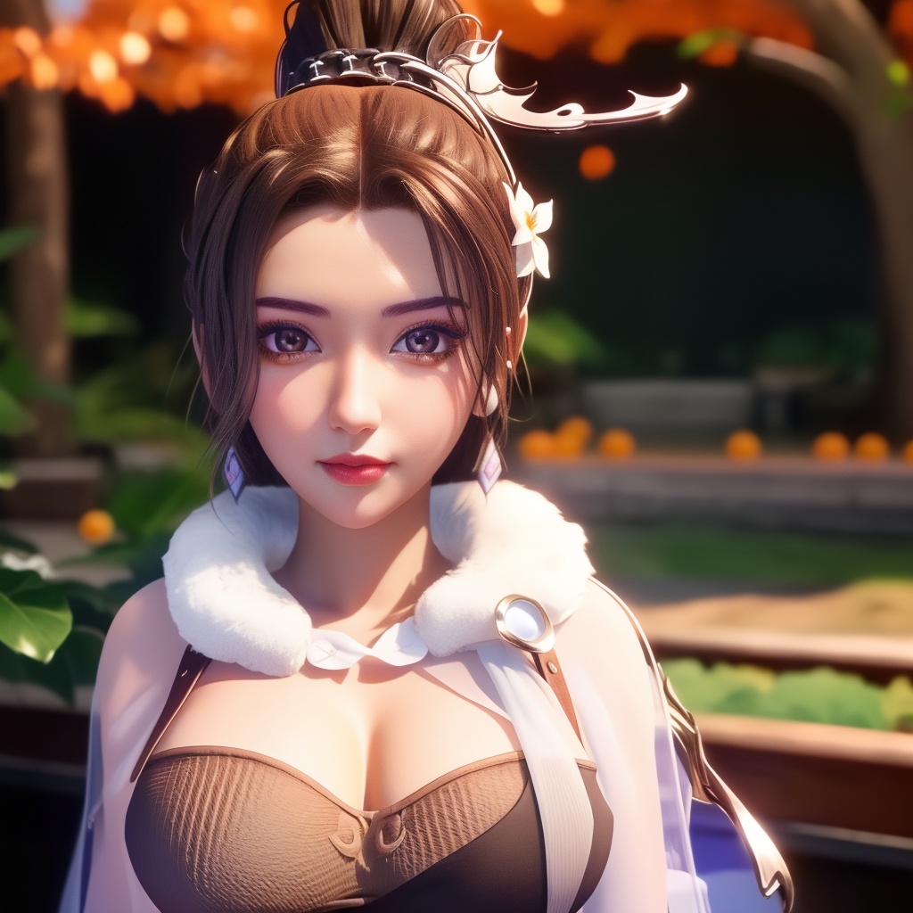 <lora:783-DA-万界至尊-李雪衣-毛领:0.8>, (,1girl, ,best quality, ),looking at viewer,  ,ultra detailed background,ultra detailed background,ultra realistic 8k cg,, ,masterpiece, (( , )),, ,      ,  orange blossoms,  (cleavage),,  (), ,,