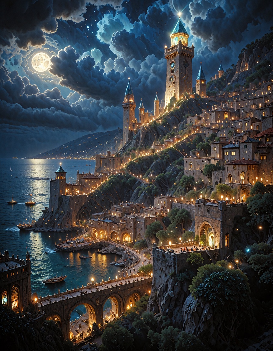 z1os,  ultra detailed. Viewed from a neighboring cliff,  the citadel glows beneath a deep indigo sky. Thousands of lantern...