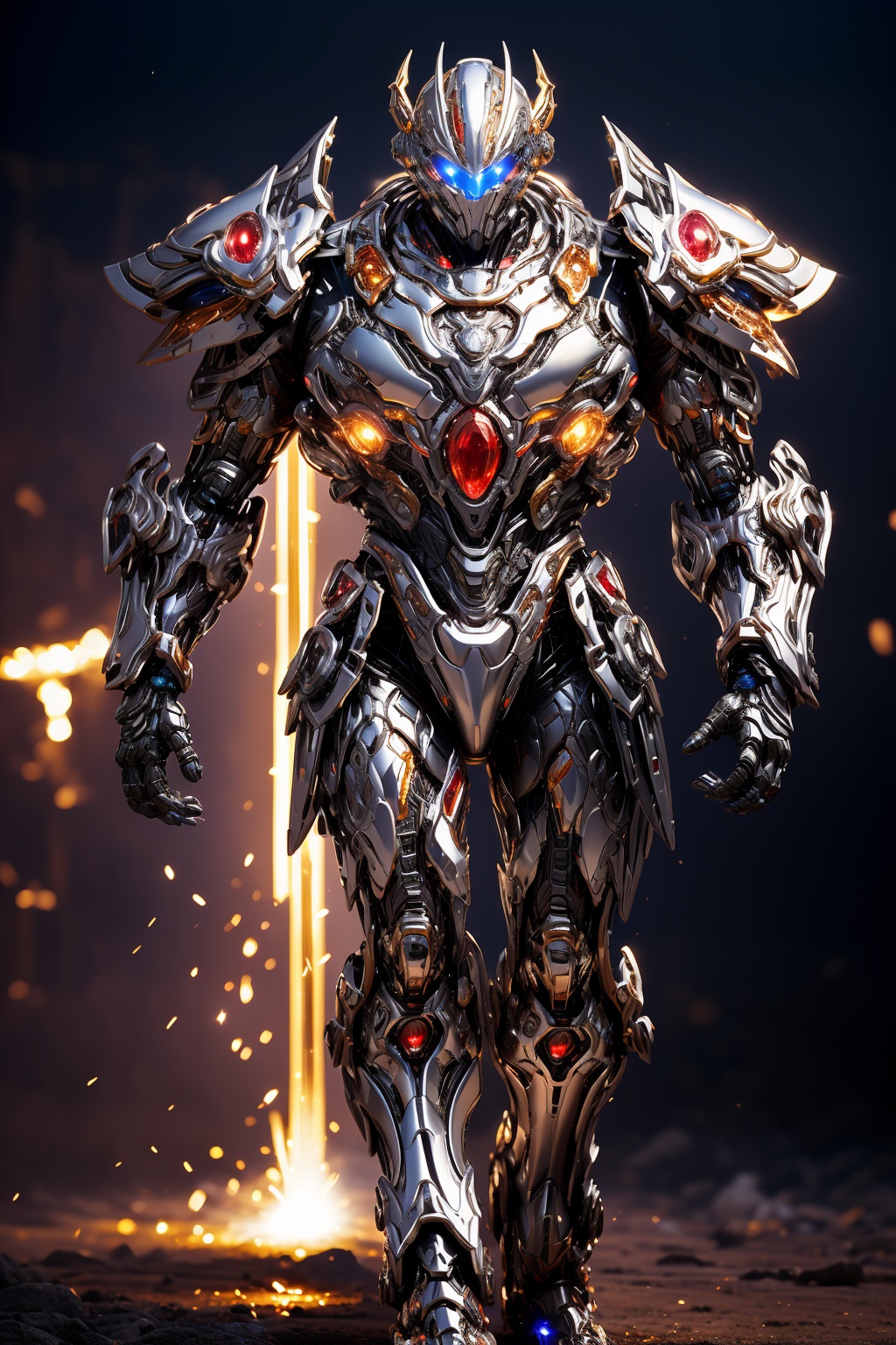 hjyzbrobot,mecha,robot sleek and smooth helmet,(((sliver))),glowing white and black armor,masterpiece,best quality,(highly detailed),1boy,cyborg,(full body:1.3),day light,bright light,wide angle,shining sparks,walking,<lora:hjyzbrobot-000007:0.65>,<lora:hjyzb-000007:0.2>,<lora:hjyrobo5-000010:0.5>,(((ruby))),
