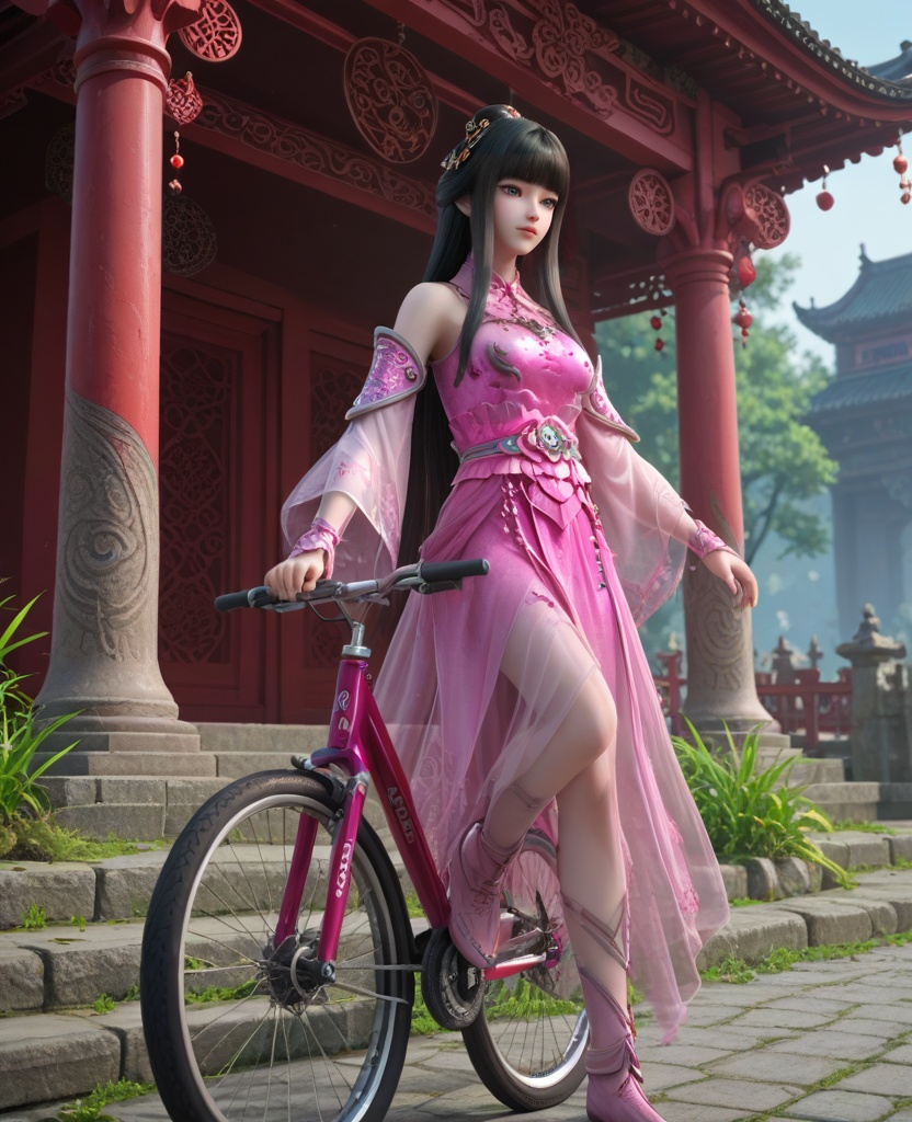(oriental architecture, elegant decor, sophisticated style:1.1),(cycling:1.1),(breasts:1.2),<lora:XL16墓王之王林水瑶:0.95>,miss linshuiyao,pink dress,see-through,blue eyes,black hair,hime cut,long hair,hair ornament,detached sleeves,hair bun,sash,spiral leg decoration,pink boots,, score_9,score_8_up,score_7_up,score_6_up,score_5_up,score_4_up,3d rendering,tag1,tag2, Cinematic Lighting,backlighting,
