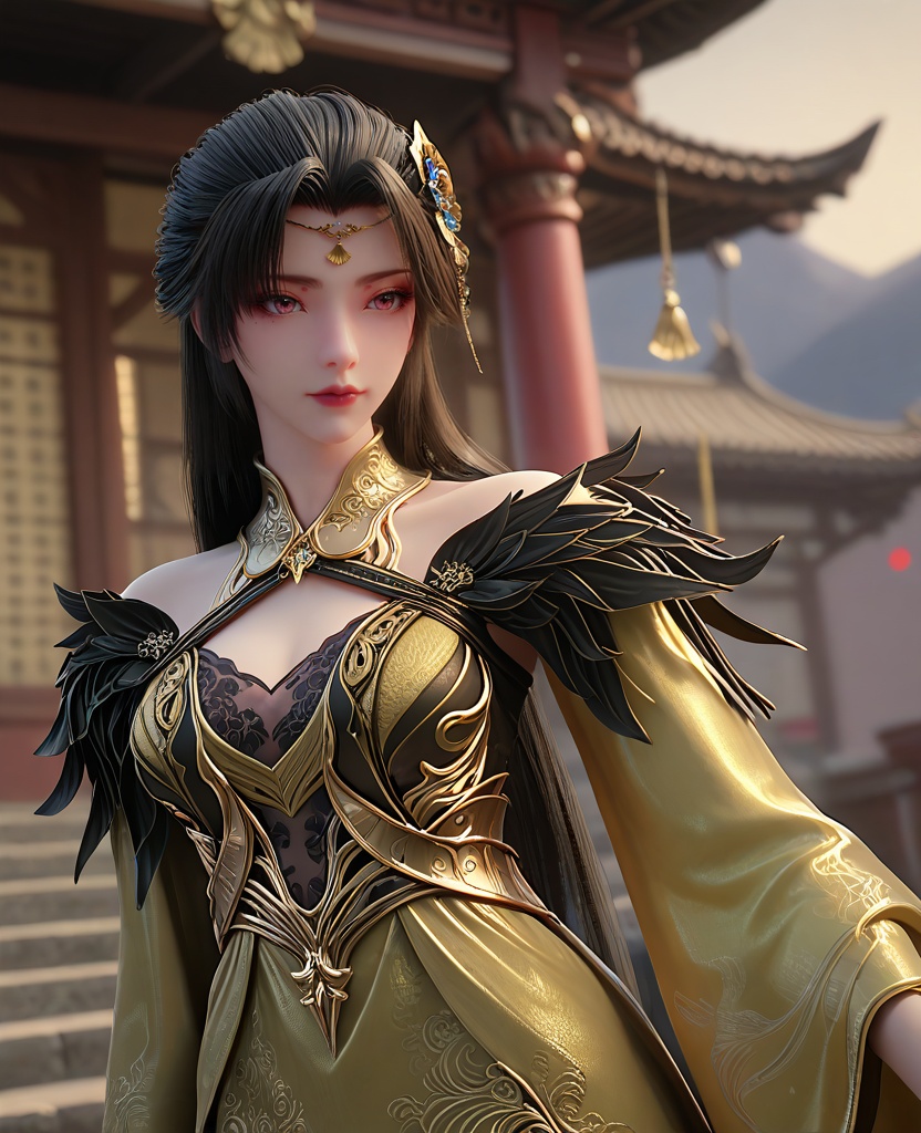 (oriental architecture, elegant decor, sophisticated style:1.1),(shushing:1.1),(breasts:1.2),<lora:XL16长生界柳如烟:0.95>,miss liuruyan,yellow dress,pink eyes,black hair,long hair,hair ornament,shoulder trim,black lace bra,mole,wide sleeves,overskirt,, score_9,score_8_up,score_7_up,score_6_up,score_5_up,score_4_up,3d rendering,tag1,tag2, Cinematic Lighting,backlighting,
