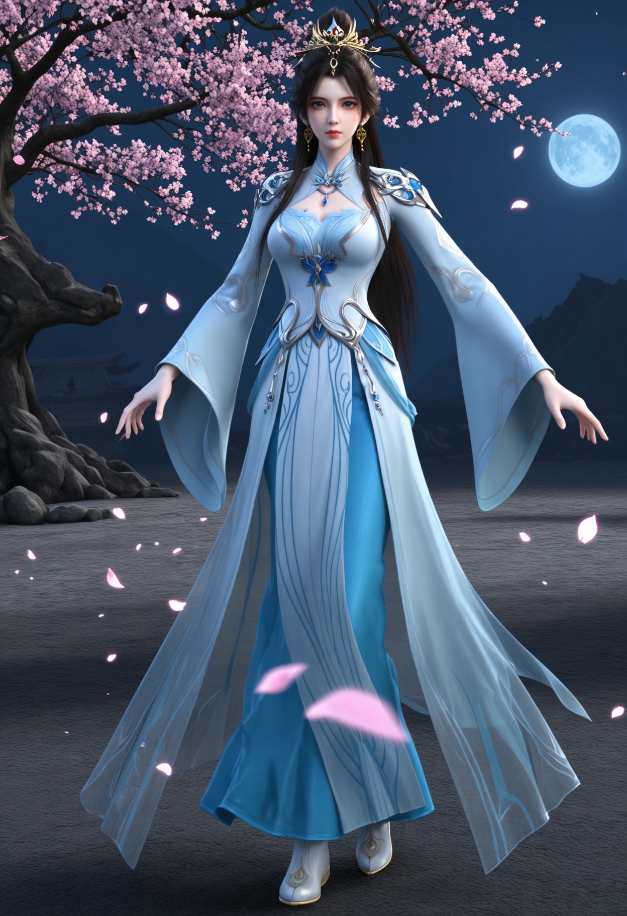 (standing full_body:1.1),(looking at viewer:1.1),masterpiece,(best quality),smog,Dark room,dim lighting,peach blossom,falling petals,<lora:YQ_Illustrious光辉v5_姬凝霜_服装2_V1:0.8>,q1528437228,1girl,solo,long hair,hair ornament,black hair,jewelry,earrings,dress,blue eyes,forehead mark,hair bun,white dress,chinese clothes,long sleeves,blue dress,brown hair,single hair bun,necklace,wide sleeves,mole,collar,mole under eye,boots,