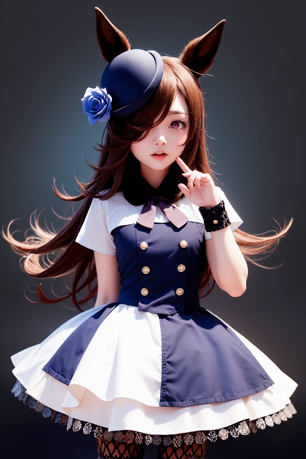 rice_shower_(umamusume),horse_girl,1girl,solo,hair_over_one_eye,horse_tail,open_mouth,blush,looking_at_viewer,blue_rose,hat_flower,tilted_headwear<lora:rice_shower_(umamusume):1>,simple background,white backgroundmasterpiece,best quality, highly detailed, 