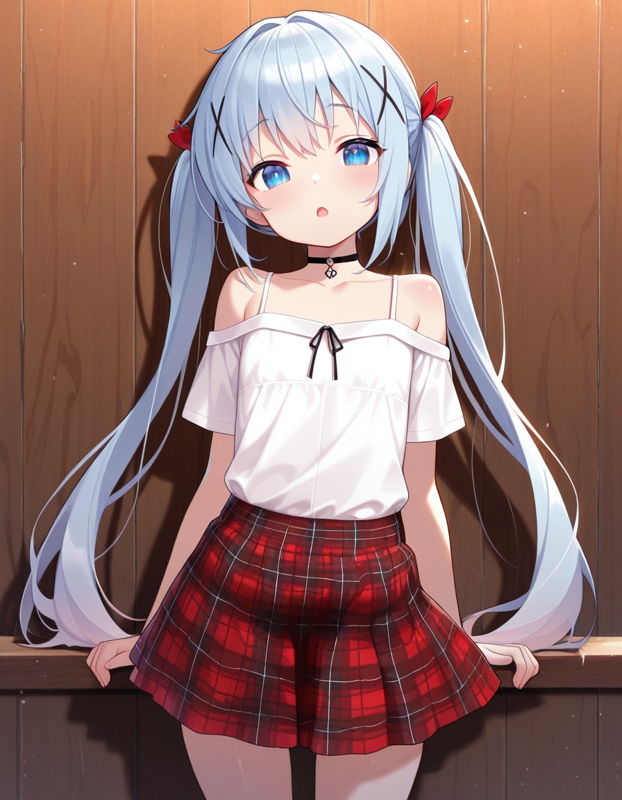 masterpiece,best quality,amazing quality,,xiangfengzhinai,1girl,bare shoulders,choker,collarbone,flat chest,highres,looking at viewer,open mouth,plaid clothes,plaid skirt,short sleeves,solo,standing,twintails,very long hair,<lora:kafuu_chino50xllokr:1>