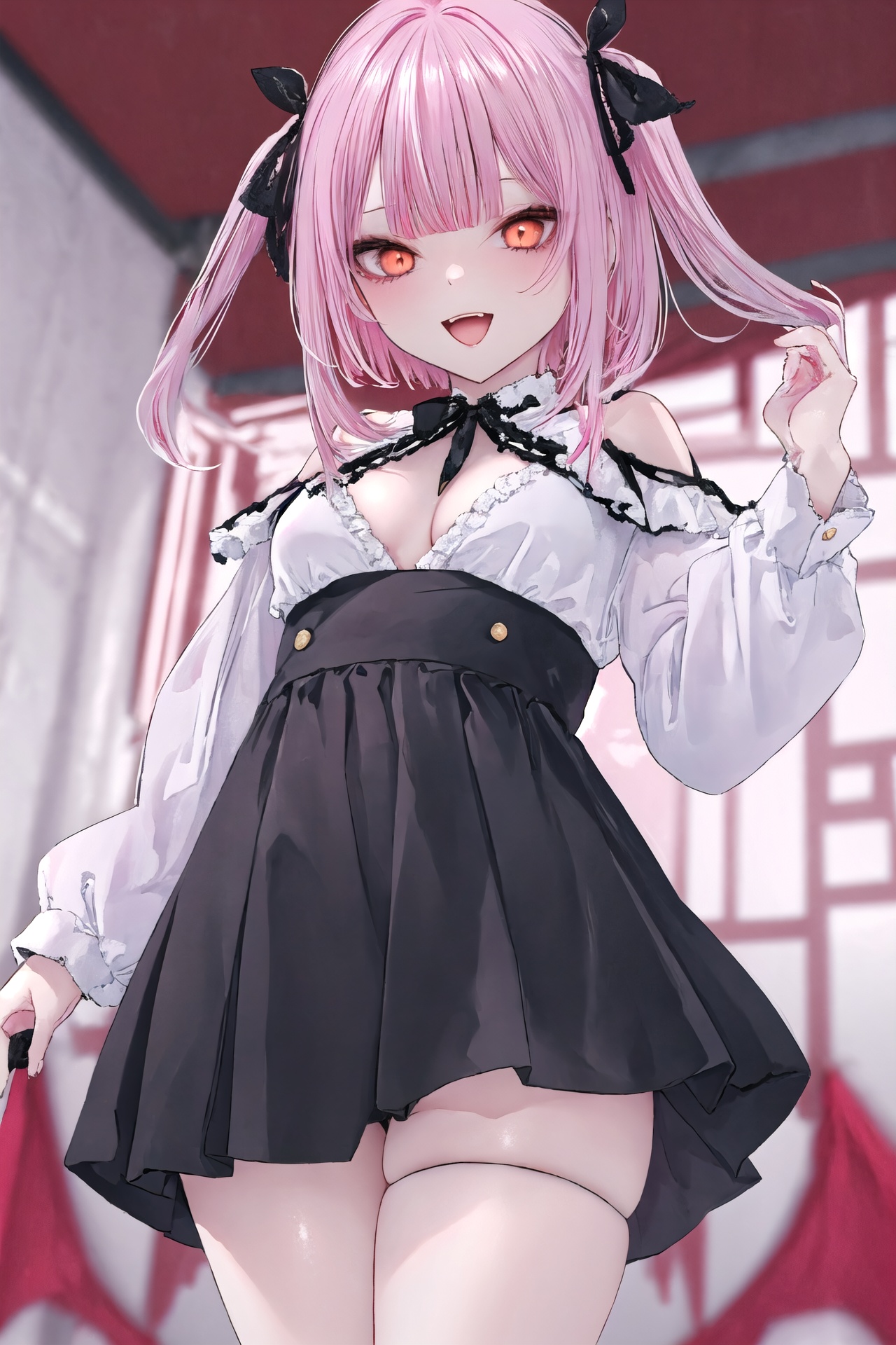 (masterpiece:1.2),best quality,PIXIV,1girl,solo,(facial focus),(flowers,flat color,lineart,abstract,ornate),<lora:grime:0.8>,<lora:手部修复:0.7>,breasts,1girl,skirt,looking at viewer,bangs,multicolored hair,cleavage,smile,thigh strap,long hair,black hair,clothing cutout,large breasts,ribbon,solo,hair ribbon,virtual youtuber,open mouth,shirt,blunt bangs,pink hair,cleavage cutout,indoors,two side up,frilled shirt,bare shoulders,hair ornament,blurry,frills,pink shirt,picture frame,red skirt,teeth,:d,red ribbon,long sleeves,blush,thighs,orange eyes,brown eyes,black shirt,streaked hair,jewelry,(from_below:1.1),