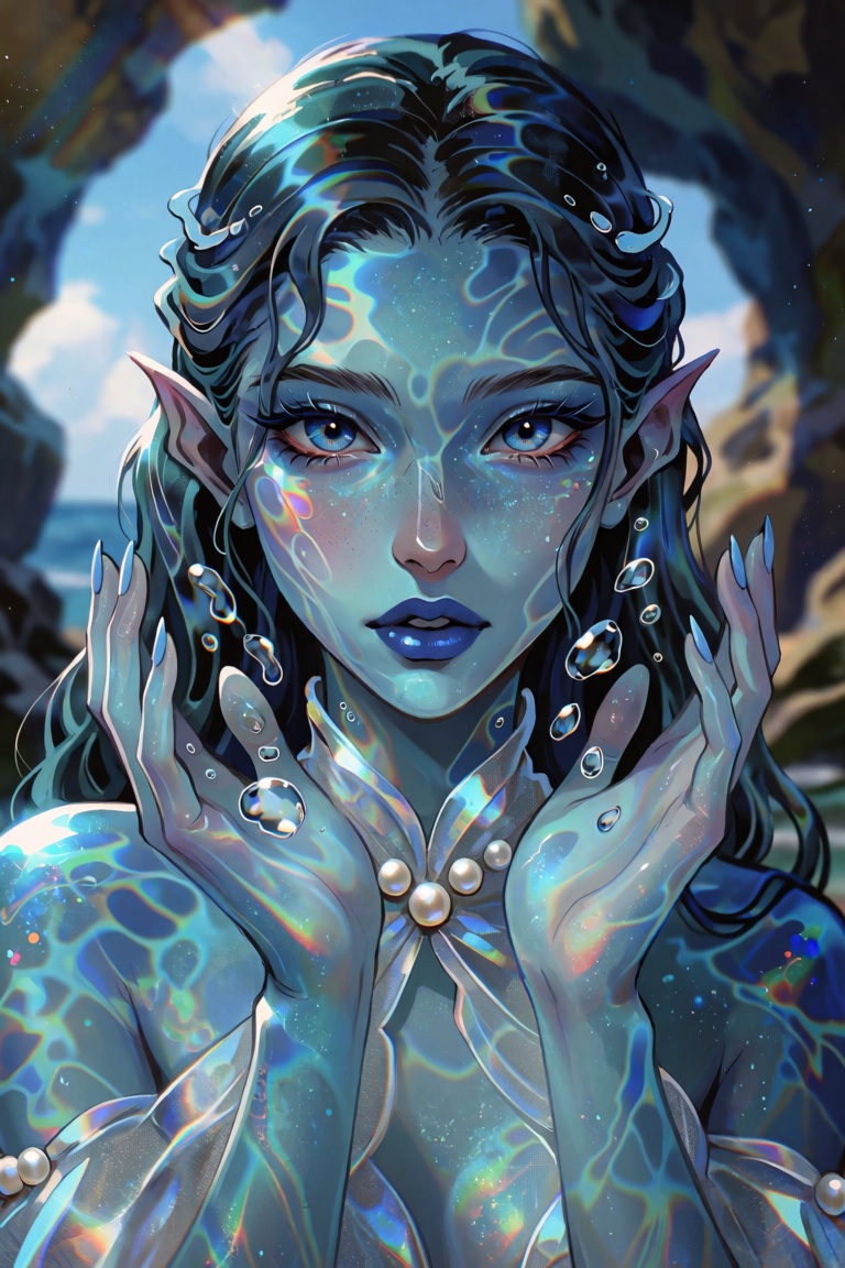 A close-up portrait of a young water genasi with translucent blue-tinted skin that reveals gentle water currents beneath t...