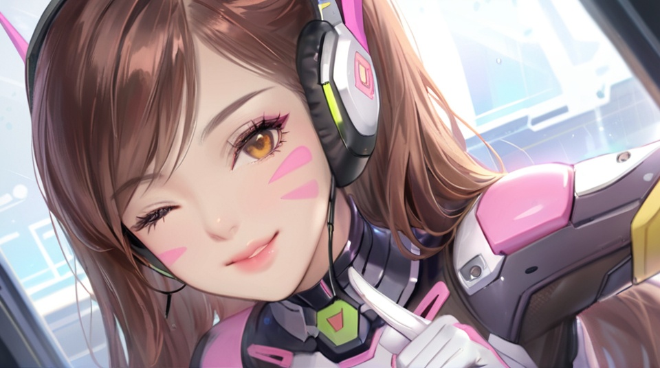 (best quality), ((masterpiece)), (highres), illustration, original, extremely detailed,<lora:DDCXL:0.7>1girl, solo, d.va \(overwatch\), facial mark, whisker markings, long hair, headphones, pilot suit, gloves, bangs, brown eyes, brown hair, facepaint, one eye closed, white gloves, looking at viewer, bodysuit, portrait, lips, high collar, swept bangs, against glass, smile, pointing