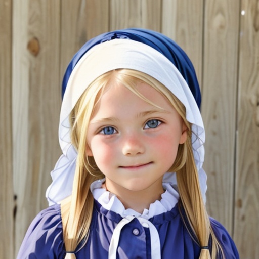 A 9-year-old Amish girl with blond long hair wearing a bonnet and plain,  simple clothing. on Tensor.Art
