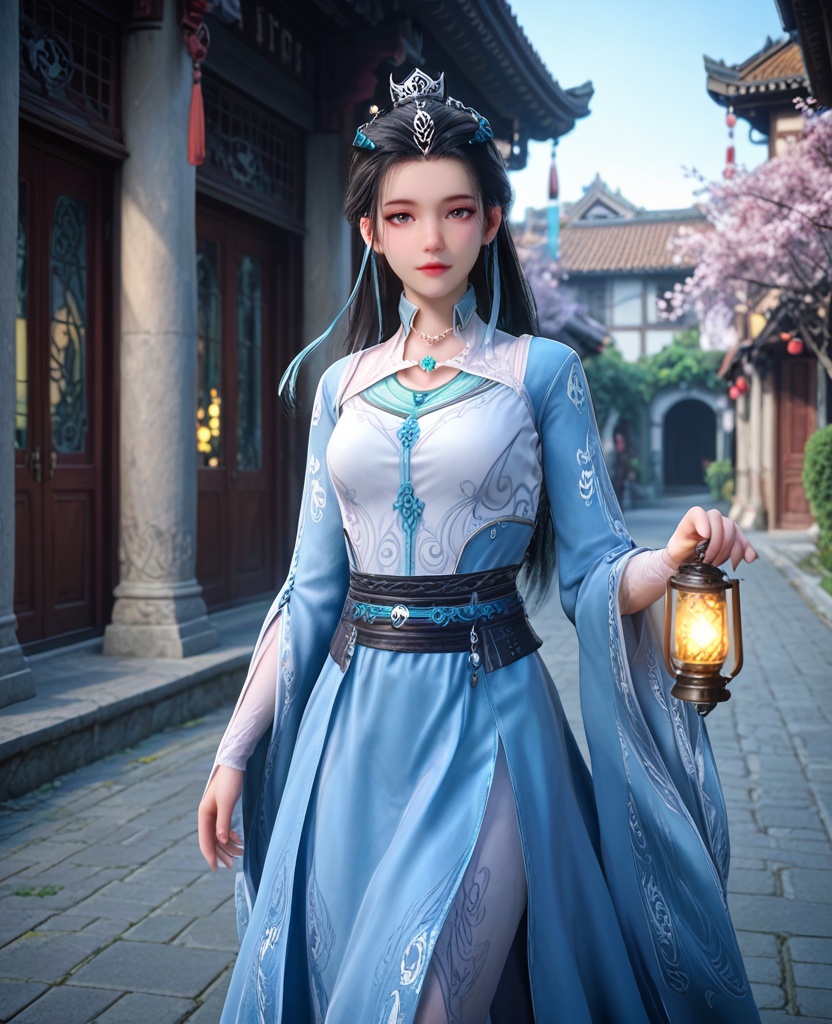 (oriental architecture, elegant decor, sophisticated style:1.1),(Walking along a path, holding a lantern, creating an enchanting and magical scene,:1.1),(breasts:1.2),<lora:XL师兄啊皖江雨:0.95>,miss wanjiangyu,blue paired with white dress,black hair,long hair,hair bun,hair ornament,jewelry,necklace,black sash,opera length gloves,ribbon,grey eyes,, score_9,score_8_up,score_7_up,score_6_up,score_5_up,score_4_up,3d rendering,tag1,tag2, Cinematic Lighting,backlighting,